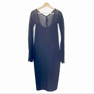 Herve Leger Bodycon Bandage Dress Sheer Bell Long Sleeves Black Sz M